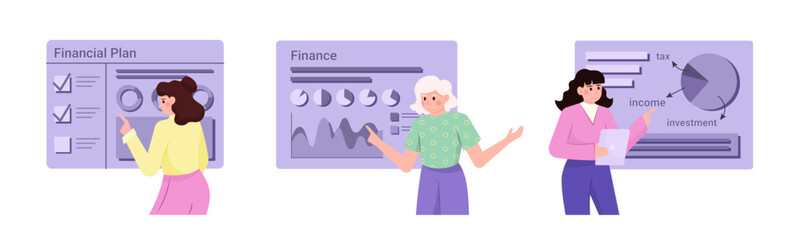 Set of female cartoon characters calculating and analyzing personal or corporate budget. Getting profit or high income. Earning and saving money. Finance management plane. Vector