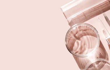 serum in petri dishes on light beige background cosmetic research concept