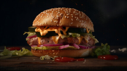 hamburger on black background AI generates image