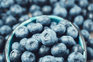 Blueberries in a ceramic bowl and lots of berries around. Blue background. Selective focus.