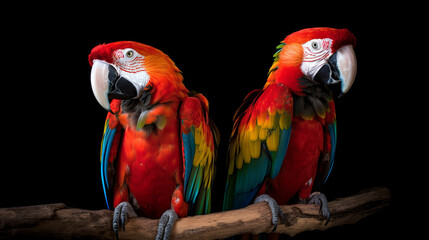 Naklejka na ściany i meble Isolated Scarlet Macaw A Colorful Two Parrots On Black Background, Generative Ai