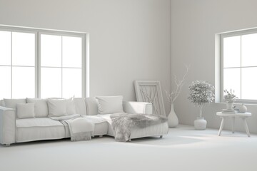 Grey interior desigh concept with furniture. 3D illustration