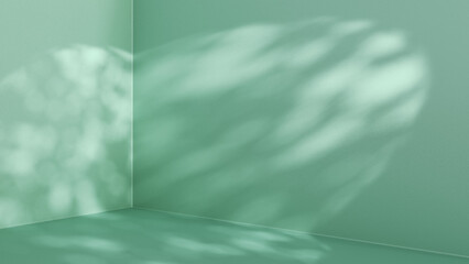 Green summer background for product presentation. Corner of the room. Sunlight and foliage shadows on the wall and floor.