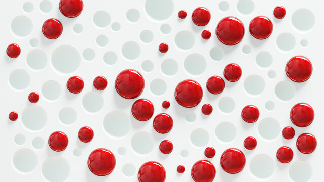 Abstract white background with empty cells and cells filled with red blood drops. Blood tests, donation. 3d render illustration.