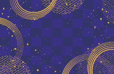 夏の和風デザイン。紺色や藍色の色味が美しい背景。金色のブラシストロークに金箔のあしらい。