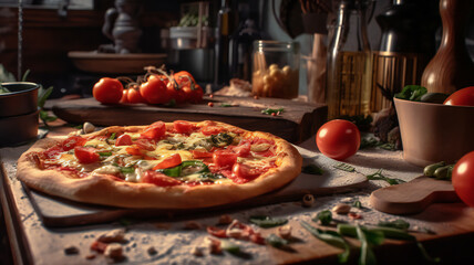 pizza with wine and tomatoes AI generates image