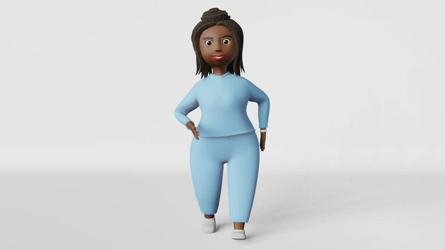African American body positive woman 3D animation character walking 4K loop. Multiracial plus size diverse girl runner in sportswear training fitness Healthy active lifestyle weight loss treadmill run