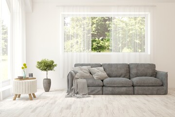 Bright interior design with modern furniture and summer landscape in window. 3D illustration