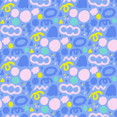 Seamless vector pattern with cute hand drawn shapes on blue background. Perfect for wallpaper, textile or print design.