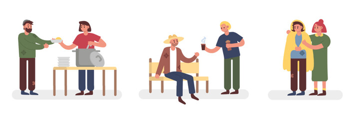 Set of colored cartoon characters helping other people. Volunteers from humanitarian aid organization giving free food, drinks and clothes. Charity and donations. Vector