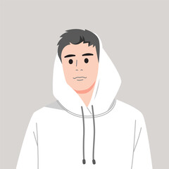 A young teenage character with a short hairstyle and white hoodie flat vector