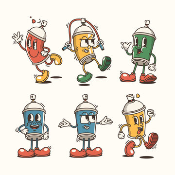 Set of Trendy spray paint cans Characters, Vintage character vector art collection