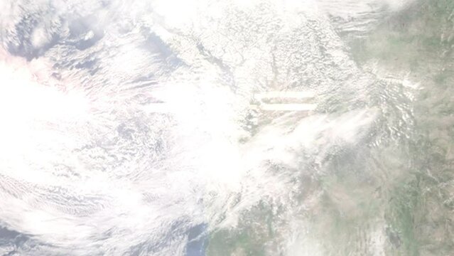Earth zoom in from outer space to city. Zooming on Longview, Washington, USA. The animation continues by zoom out through clouds and atmosphere into space. Images from NASA
