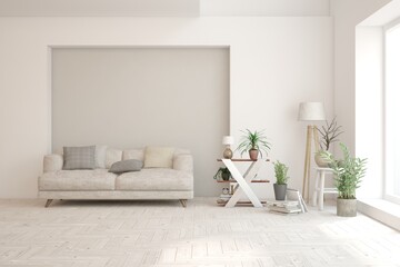 White living room with sofa. Scandinavian interior design. 3D illustration