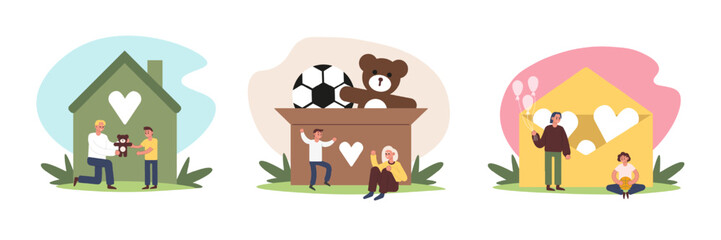 Set of cartoon characters giving charitable toys as donation for kids. Help from humanitarian aid organization. Volunteer social assistance for children. Vector