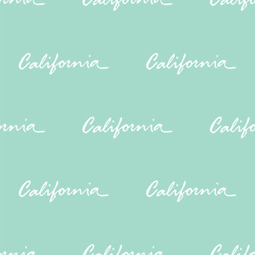 Seamless pattern with iconic california lettering isolated on light teal green background. Ready design for typography,t-shirt graphics,poster,print,banner,flyer,sticker, or postcard.