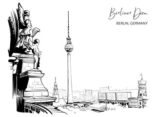 Berlin city center view from the Berlin Cathedral dome. Black line drawing isolated on white background. Eps10 vector illustration.