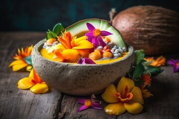 smoothie bowl with mango and tropical flowers in a coconaut shell, Generative AI