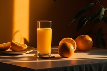 fresh orange juice, rays of sun on the glass, minimalistic style, Generative AI