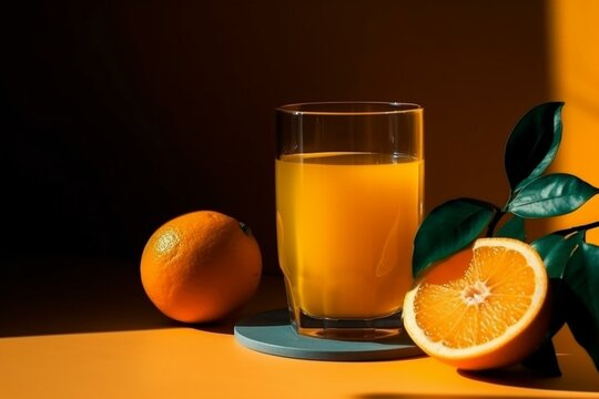 fresh orange juice, rays of sun on the glass, minimalistic style, Generative AI