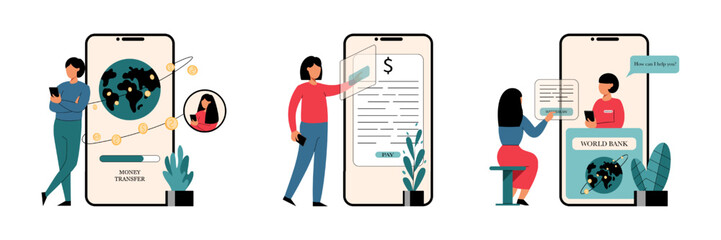 Set of female cartoon characters using mobile banking apps. Secure smartphone payment technology. Online money transactions for business and everyday needs. Vector