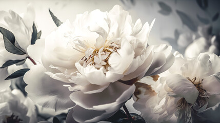 Close-up, blooming white peony flower, generative AI.