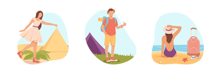 Fototapeta na wymiar Tourist photos and recreation. Summer adventures. Guy in camping, girl with pyramids on background, lady relaxing on beach. Voyage abroad. Joyful sunny tour. Vector flat art collection