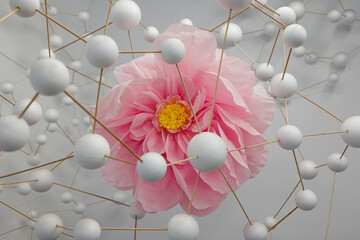 Artistic Depiction of a Pink Flower in Crepe Paper surrounded by a Structure of White Spheres connected Together