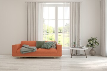 Modern interior concept with sofa and summer landscape in window. 3D illustration