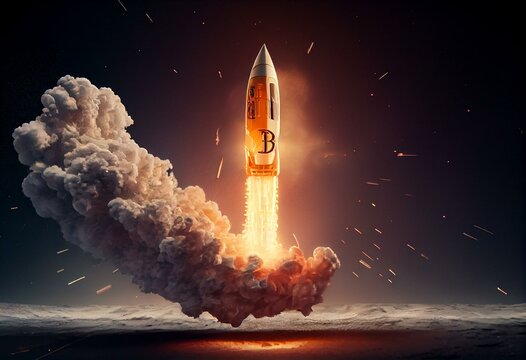 Bitcoin cryptocurrency rocket taking off to 50,000 price point. 3D Rendering. Generative AI