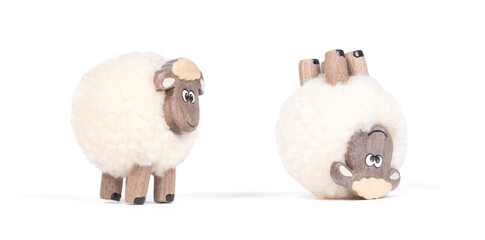 Miniature sheep, funny figurine, isolated on white