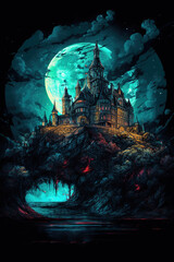 Halloween background with haunted castle and full moon. Fantasy illustration. Generative AI
