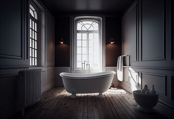 Fototapeta na wymiar Empty room interior with standalone bathtub. Generative AI