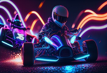 Go karts racing with neon lights — Generative AI - obrazy, fototapety, plakaty
