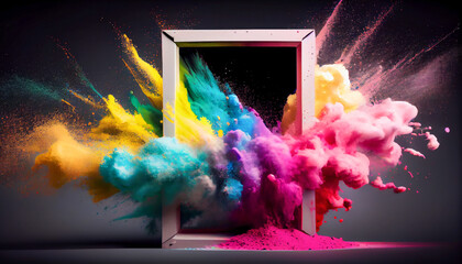 Creative square frame with abstract splash from colorful powder or dust on a black background, copy space.