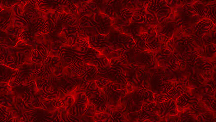 Obraz premium Red color communication and technology network background withm oving lines and dots. Beautiful motion waving dots texture with glowing defocused particles.