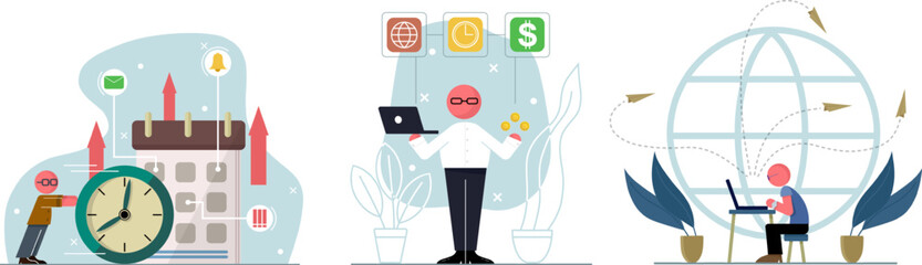 Set of colored cartoon characters organizing and managing their time. People plan and control time when doing different tasks. Process of managing schedule. Vector