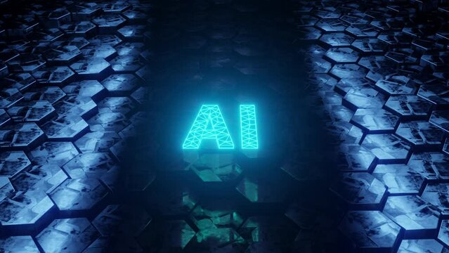 Artificial intelligence concept. AI letters over random moving hexagonal blocks. Machine and deep learning technology. 3d render animation. Seamless loop