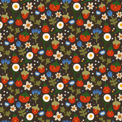 Seamless vector pattern with cute hand drawn berries and white flowers on dark background. Perfect for wallpaper, textile or print design.
