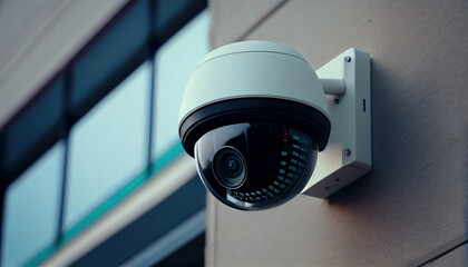Modern public CCTV camera on wall with blur building background. Recording cameras for monitoring all day and night.
