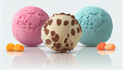 Ice cream scoops of different flavors on white background
