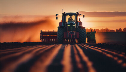 the tractor plows the field against a dramatic sunset