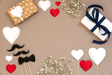 Flat Lay With Accessories, Gifts, Hearts, Copy Space