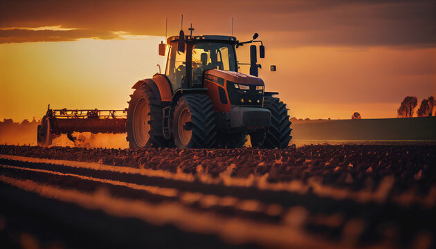 the tractor plows the field against a dramatic sunset
