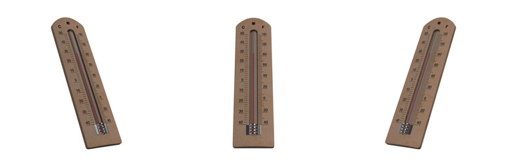 household thermometer on a wooden base, transparent background, left, front and right view (3d render)