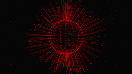 Red dot and line connect. Concept of the molecule or atom geometric sphere wireframe light hologram plexus isolated on black background. Relationship representation in sphere shape.