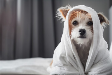 Dog is relaxing after bath. Pets spa, grooming salon, pet resort. Animal care service, bathing. Rest, relax, wellness. Copy space for text, advertising. Generative AI.
