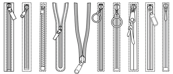 Zipper Fasteners Vector Illustration Technical Cad Drawing Template - obrazy, fototapety, plakaty