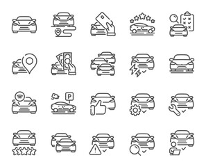 Car line icons. Auto transport review, vehicle parking and car diagnostic set. Sedan service, electric power auto and taxi five stars rating icons. Approved car, place location, dealership. Vector