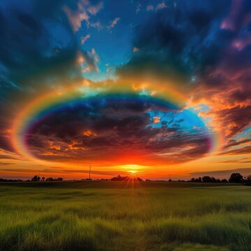 Circular rainbow cloud with amazing sunset